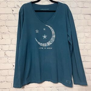 Life is Good Long Sleeve V-Neck Crusher Tee XXL Blue Crescent Moon & Stars